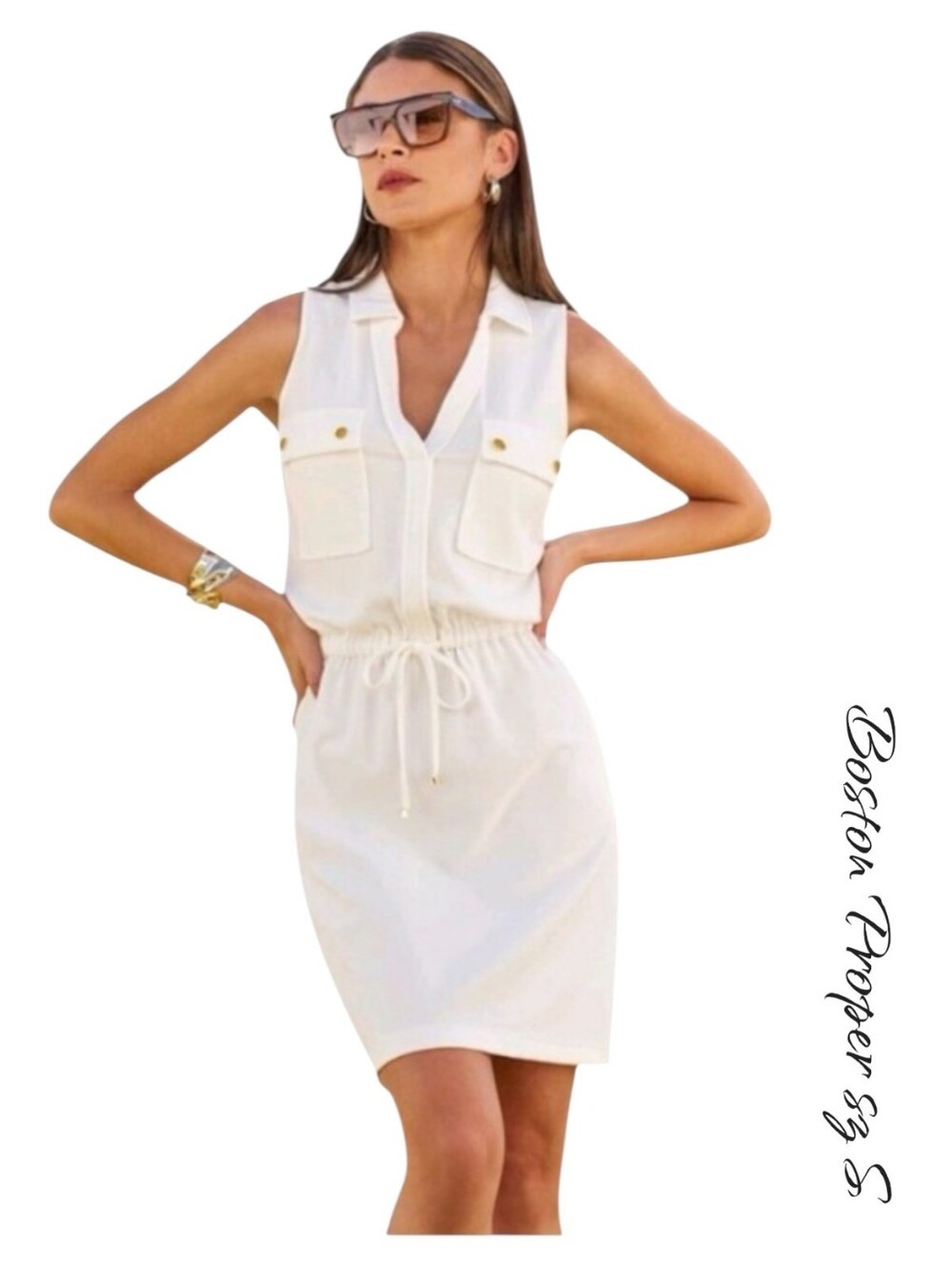 Boston Proper Beyond Travel Chic Drawstring Utility Dress White S